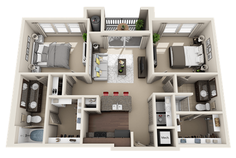 Floor plan for 2 beds, 2 baths, 1107 sqft